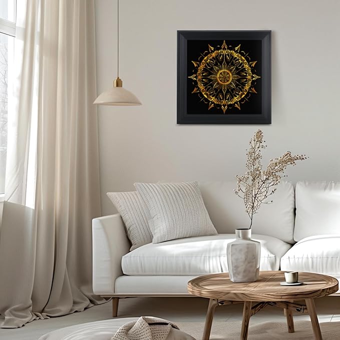 Brivoria Mandala Wall Art Home Decor, Large Radiant Golden Mandala with Layered Frame Design, Modern Spiritual Statement Wall Decor for Living Room Office Entryway or Meditation Space, 20x20