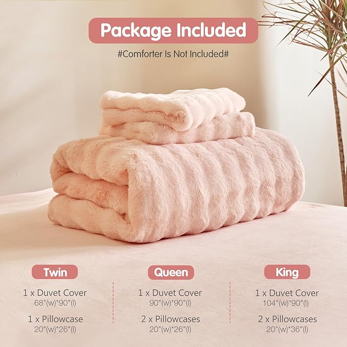 Tokokimo Fluffy Fleece King Size Duvet Cover Set, Ultra Soft Reversible Heavyweight Bedding Set, Extra Warm Winter Duvet Cover Set with 2 Pillow Cases, All Season Fuzzy Comforter Cover Set, Pink