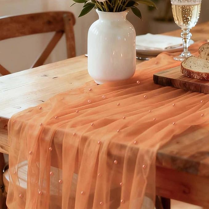 WELTRXE Pearl Table Runner Tulle 10ft, Boho Rustic Lace Table Runner 30x120 Inch for Wedding Decor Birthday Party Dining Table Cover, Orange