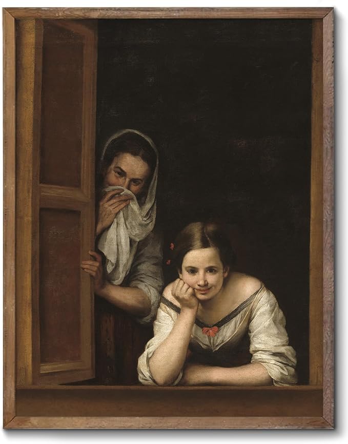 XOCUUI Oil Painting Vintage Poster of Girl on The Windowsill and Woman Portrait in Window Victorian | 8x10 Antique Print | Unframed Wall Art | Old Style Gift | Rustic Home Office Decor