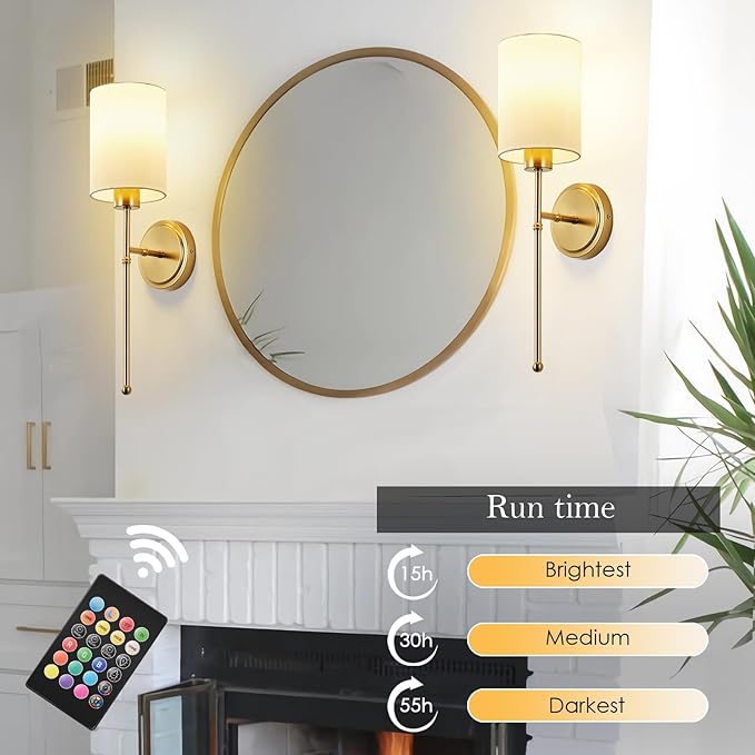 Battery Operated Wall Sconce Set of Two, Gold Wireless Rechargeable Wall Light with Remote Control, Dimmable, Amber/Warm/Natural/Cool White, RGB, Battery Power Sconces for Living Room Bedroom