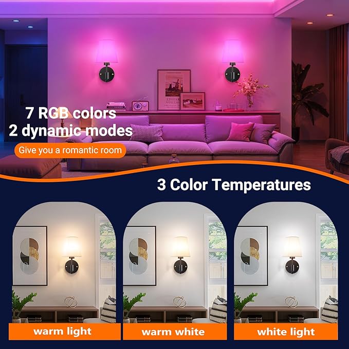 Battery Operated Wall Sconces Set of Two, Indoor Wireless Wall Mounted Lamp with 10000mAh Dimmable Bulb and Remote, RGB Colors Rechargeable Wall Light for Bedroom Living Room Decor