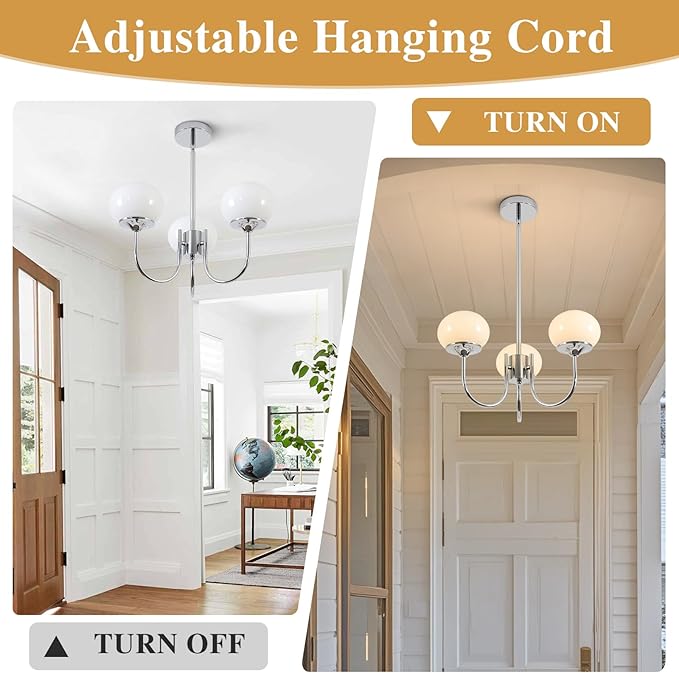 BOKT Modern Sputnik Chandelier 3 Light Glass Globes Silver Chandelier Light Fixture White and Chrome Pendant Lights Vintage Hanging Chandeliers for Kitchen Island Dining Room