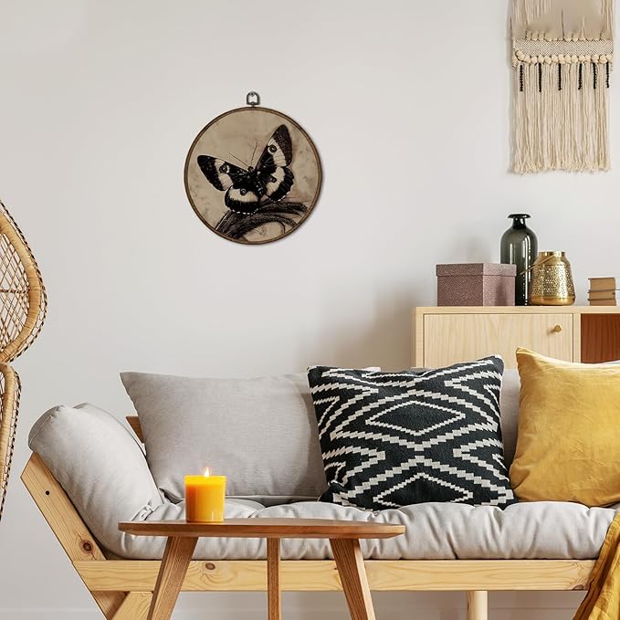 cvjutf Vintage Moody Butterfly Wall Art Decor Framed, Dark Academia Moth Antique Round Wall Decor, Rustic Cottagecore Butterfly Canvas Prints Art for Farmhouse Bedroom Living Room Gallery, 10x10 Inch