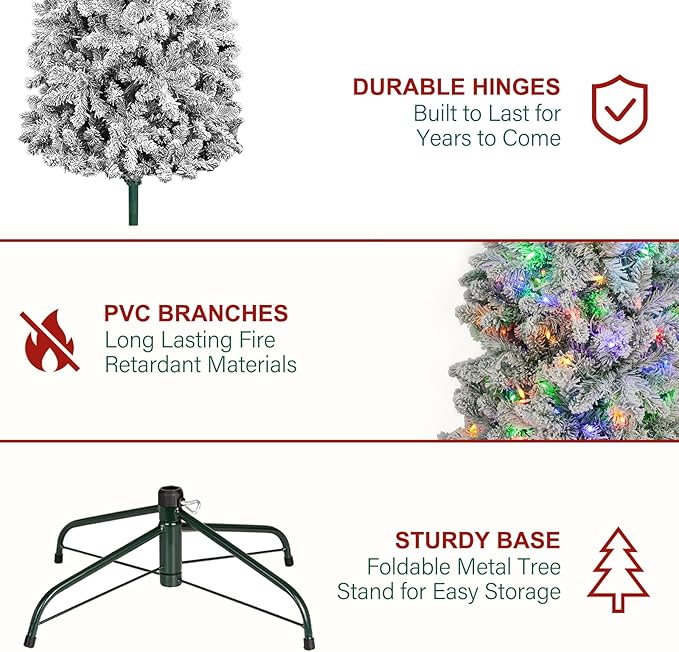 Hykolity 6ft Pre-Lit Snow Flocked Slim Tree, 200 Multi Color LED Lights, 544 Realistic PVC Tips, Hinged Design, Metal Base, 10 Modes