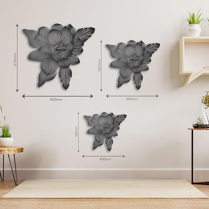 NEODECO 3D Flower Metal Wall Art, Floral Line Art, Minimalist home decor (Black, Small)