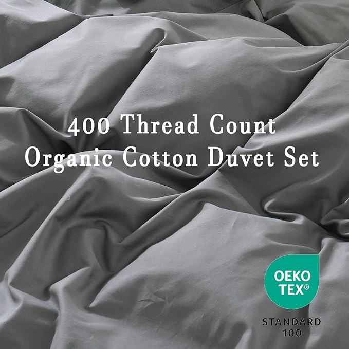 100% Organic Cotton Duvet Cover King 400 Thread Count Sateen Comforter Cover Soft and Breathable Cooling Bedding Set 3 Piece（Dark Grey,King）