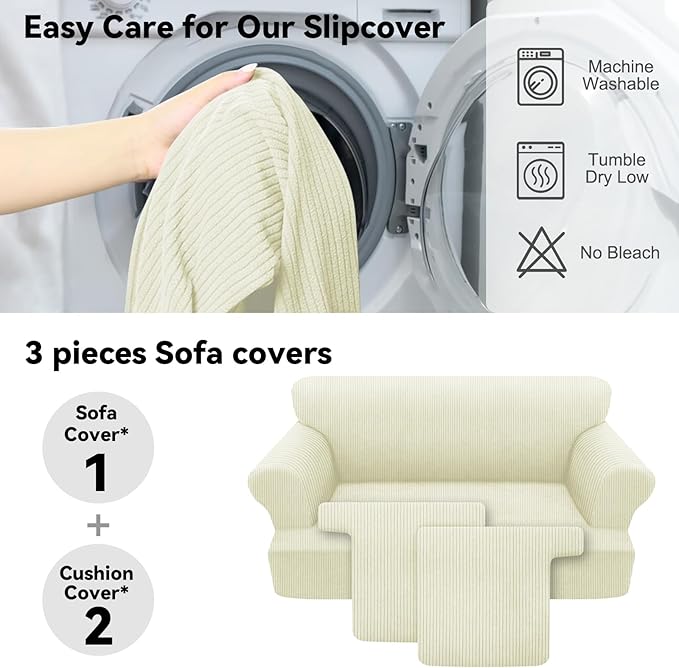 Waterproof Loveseat Cover 3-Piece Set Striped Slipcover for 2 Separate T Cushion Couch - TPU Fabric 2-Seater Sofa Covers Leakproof Couch Protector for Kids, Pets(Loveseat, Ivory)