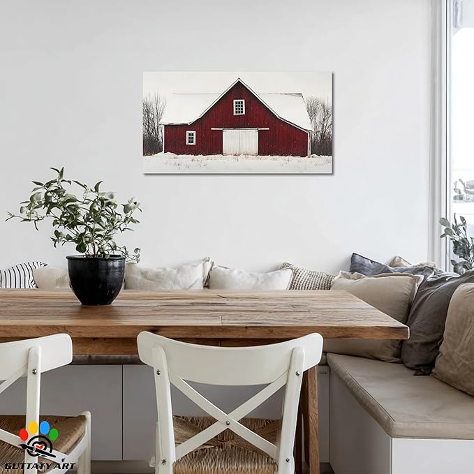GUTTATY Christmas Winter Scene Canvas Wall Art, Red Barn Snowy Landscape Canvas Painting, Rustic Wall Decor Print for Holiday Living Room, Bedroom, Seasonal Wall Hanging Poster Picture, 16x8 Inch