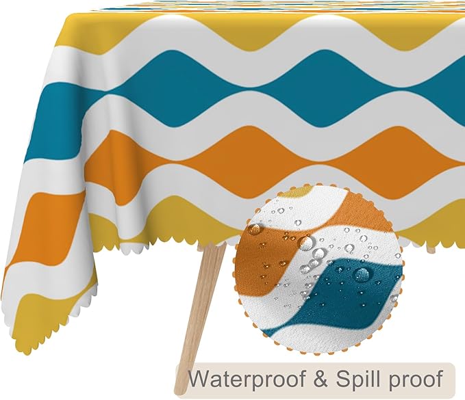 54x120inches Mid Century Tablecloth Orange Yellow Turquoise Geometric Stripes Table Cloth Waterproof Stain Resistant Rectangle Table Cover for Dining Room Home Decor Cafe Indoor Outdoor Use