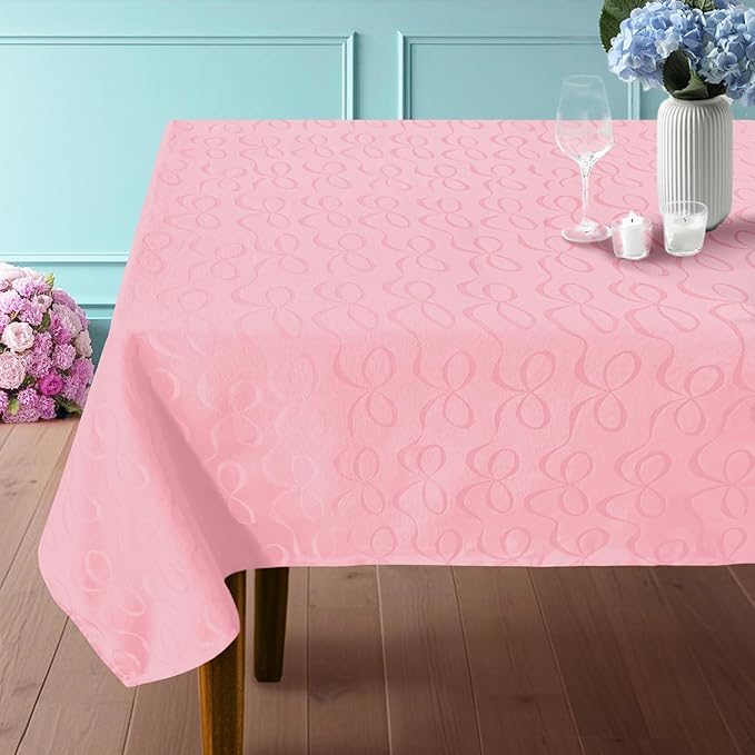 Pink Tablecloth Fabric (1PC, 60"x102"), 6ft Table Cover (8-10 Seat) - Cotton Polyester Blend, Fade Resistant, Reusable & Washable, Jacquard Table Cloth for Banquet, Birthday & Wedding, Bows Pattern