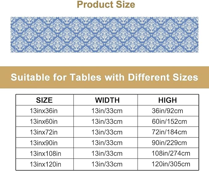 Damask Table Runner Blue Beige Abstract Flower Floral Baroque Pattern Table Runner for Kitchen Dining Weddings Party Festival Farmhouse Holiday Decor 13x120in