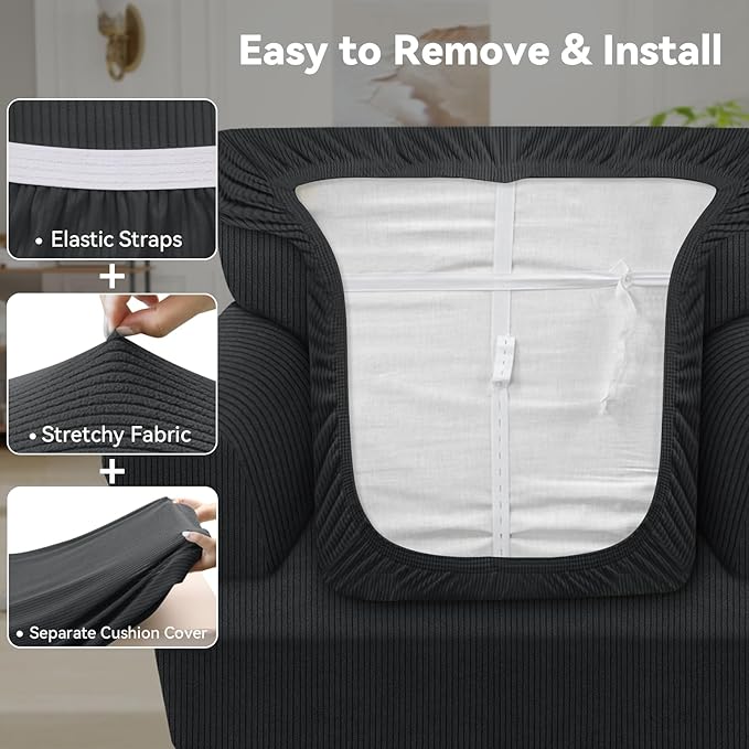 Waterproof Chair Cover with Arms 2-Piece Set Striped Slipcover for 1 Separate T Cushion Couch - TPU Fabric Armchair Covers Leakproof Couch Protector for Kids, Pets(Chair, Dark Gray)