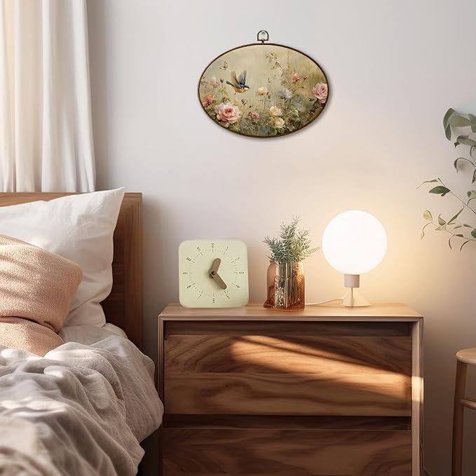 JQF Vintage Bird Floral Oval Wall Decor, Rustic Cottagecore Floral Oval Canvas Wall Art, Rustic Farmhouse Bird Flower Botanical Framed Prints Hanging Decor for Home Bedroom Living Room, 11.5x8.5 Inch