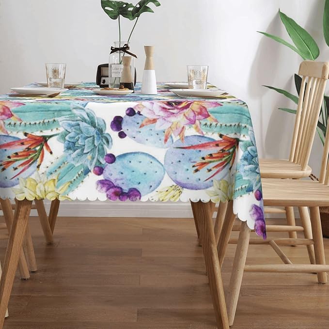 Cactus Table Cloth for Dining Tables, Reusable Blue Succulents Flowers Bloom Vibrant Watercolor Plant Tablecloths Decoration Tabletop Rectangle Table Cover for Kitchen,Party,Banquet,54x72In