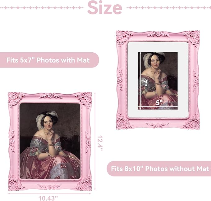 Pink Picture Frame 8x10 Victorian Picture Frame Vintage Antique Ornate Baroque for Wall or Tabletop Display, Gallery Wall Art Fits 8x10 or 5x7 Photo with Mat