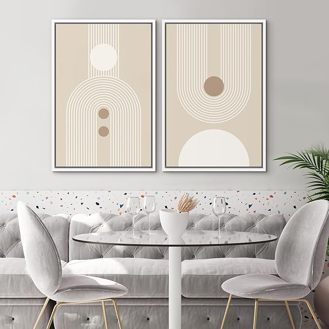 SIGNWIN Framed Canvas Print Wall Art Set Retro Nordic Geometric Pattern Abstract Shapes Cozy Neutral Modern Art Decorative Nordic Multicolor for Living Room, Bedroom, Office - 16"x24"x2 White