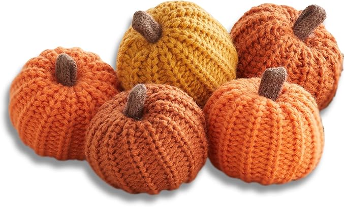 Your Heart's Content Mini Knit Pumpkins Set of 5, mini Pumpkin Decor, Orange Pumpkin Bowl fillers Fall Tiered Tray Decor Set, Autumn Table Decorations for Halloween (Mini Knit Orange)