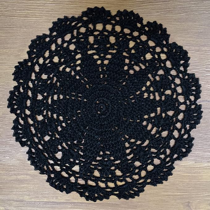 PHANTOMON Crochet Doilies Handmade Round Cotton Lace Table Placemats Knitted Tablecloth, Star Pattern Rippled Edge, Pack of 4 (10 Inch, Black)