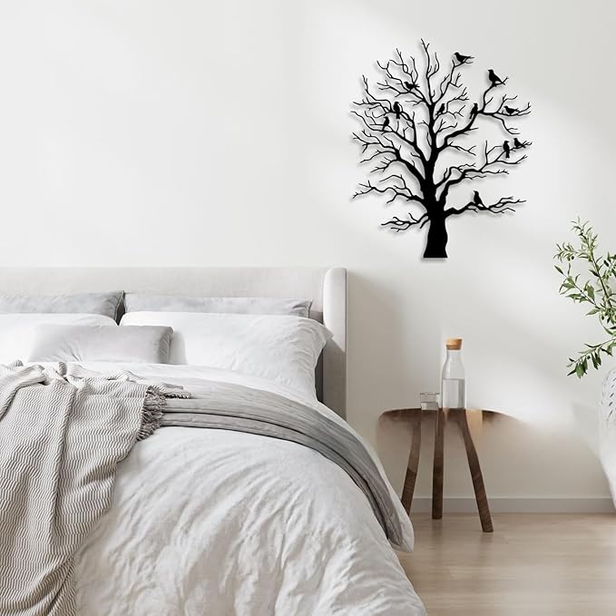 LIYOUYA Tree Bird Metal Wall Decor - Rustic Farmhouse Room Decor Simple Black Wall Art Home Decor for Living Room, Bedroom, Dining Room, Courtyard (Black)