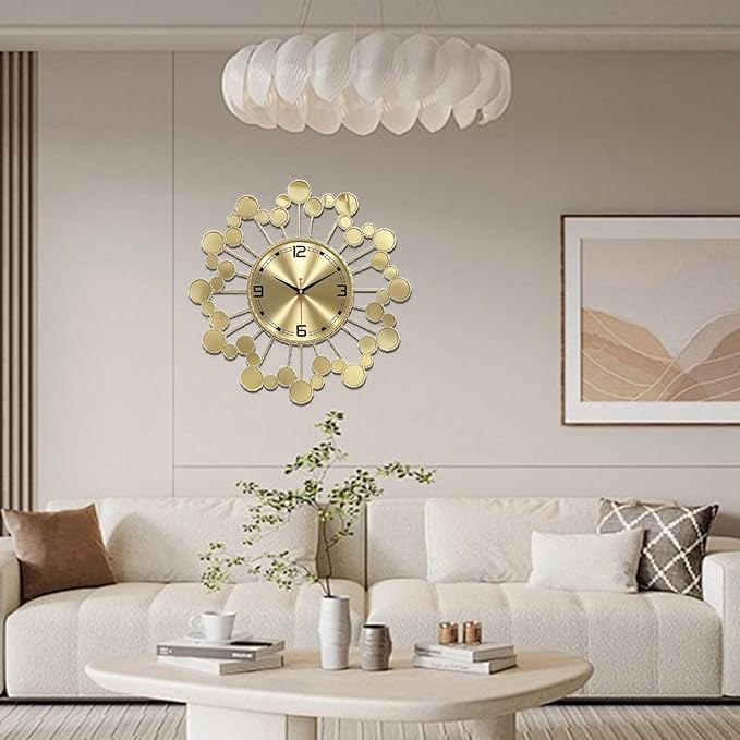 Gold 23" Wall Clock Decor Silent Battery Operated, Modern Metal Decorative Clock for Living Room Bedroom Office