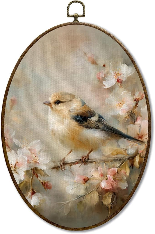JQF Vintage Bird Floral Oval Wall Decor, Farmhouse Rustic Sparrow Floral Oval Canvas Wall Art, Retro Cottagecore Bird on Branch Framed Prints Hanging Decor for Home Bedroom Living Room, 8.5x11.5 Inch