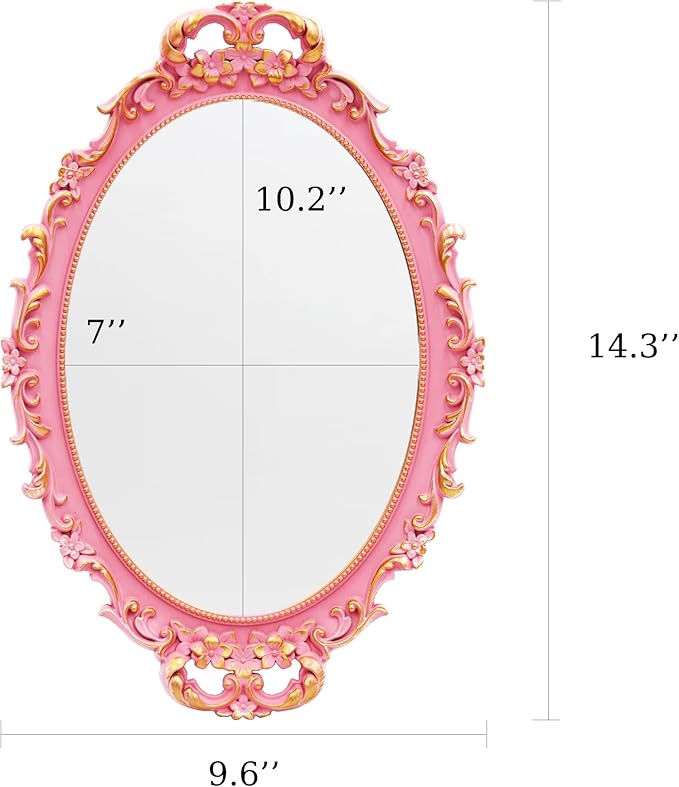 2PACK - Vintage Decorative Pink Framed Mirror, Wall Hanging Mirrors & Tabletop Tray for Bedroom Living Room Dresser Decor, Oval- 9.6" W x 14.3" L (PINK-2PACK)