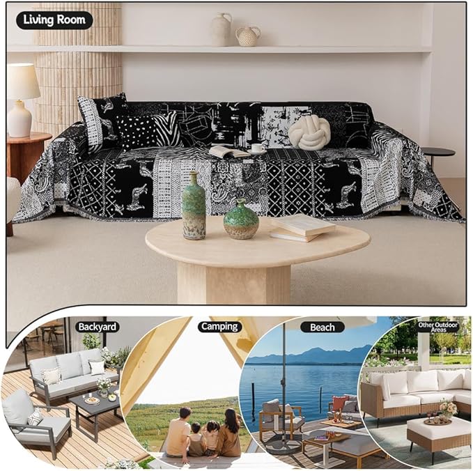 ROOMLIFE Boho Black Couch Covers for 3 Cushion Sofa, Chenille Couch Cover Sectional Sofa Cover for Dog, Washable Furniture Sofa Protector Cover Soft Blanket with Tassel for Living Room, 71 '' X 118''