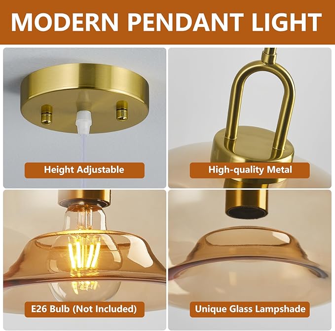 Light Brown Glass Pendant Lights Kitchen Island Gold Pendant Light Fixtures Adjustable Height Modern Pendant Lighting for Bedroom Dining Room (1-Pack)