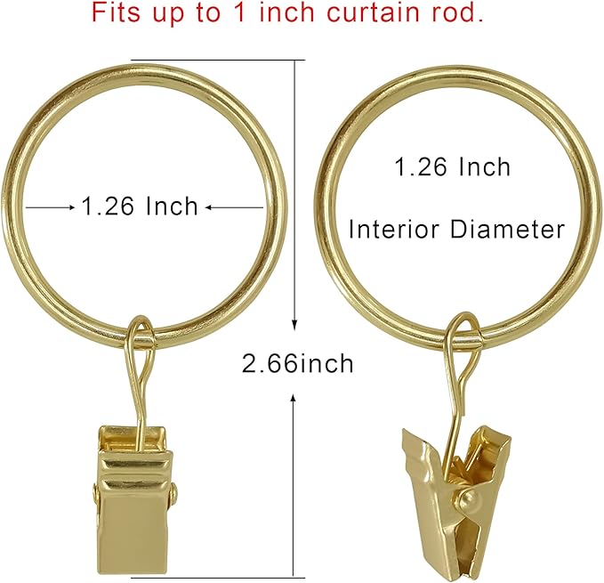 40 Pack Curtain Rings with Clips, Curtain Clip Rings Hooks, Bow Hanger Clips for Hanging Drapery Drapes Bows, Ring 1.26 inch Interior Diameter, Fits up to 1" Rod, Gold