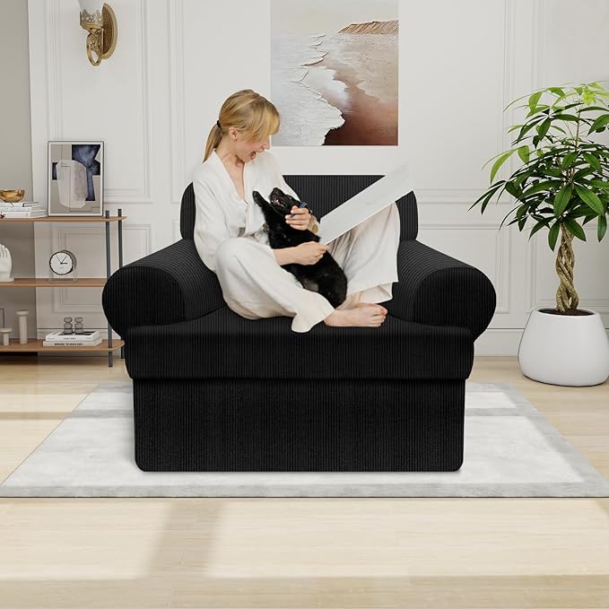 Waterproof Chair Cover with Arms 2-Piece Set Striped Slipcover for 1 Separate T Cushion Couch - TPU Fabric Armchair Covers Leakproof Couch Protector for Kids, Pets(Chair, Black)