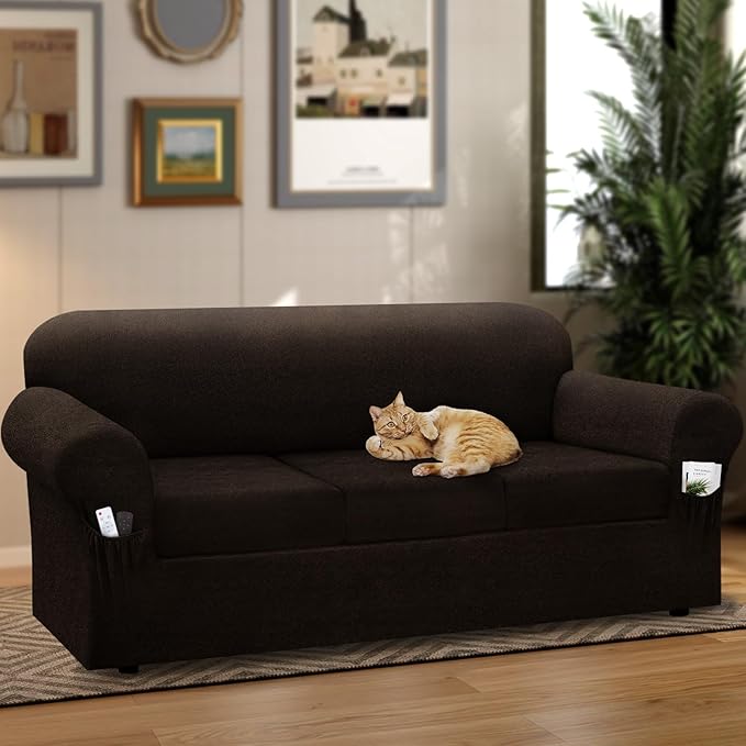 Sofa Slipcover with Armrest Pockets 4-Piece Set, Stretch Faux Leather Extra Large Couch Covers for 3-Cushion Couches(Fits 98-112") - Machine Washable, Pet & Kid Friendly - Dark Brown