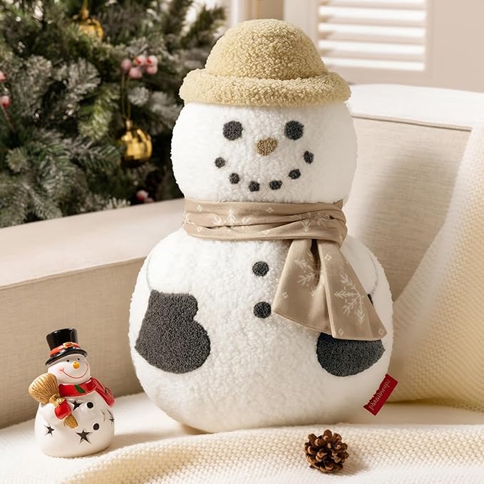 Phantoscope Merry Christmas Shaped Throw Pillow, Plush Teddy Sherpa Snowman Pillow with Scarf & Hat, Xmas Snowman Decorative Pillow for Couch Living Room Bed, Beige, 16.5 x 10.5 inches