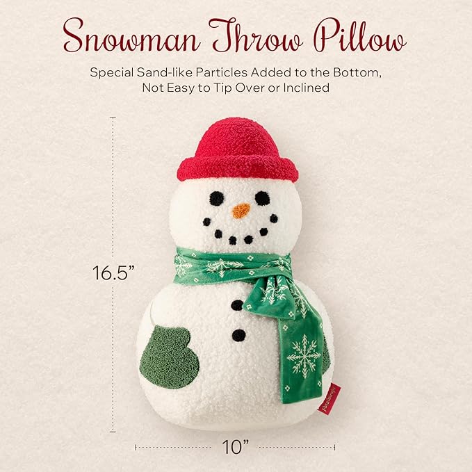 Phantoscope Merry Christmas Shaped Throw Pillow, Plush Teddy Sherpa Snowman Pillow with Scarf & Hat, Xmas Snowman Decorative Pillow for Couch Living Room Bed, Green, 16.5 x 10.5 inches