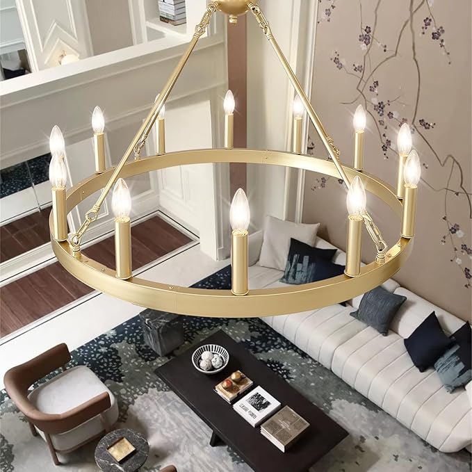 Gold Wagon Wheel Chandelier Farmhouse 32-Inch, 12-Light Modern Gold Chandelier for Dining Room, Round Iron Industrial Chandeliers Light Fixture for Living Room, Foyer, Entryway, E12