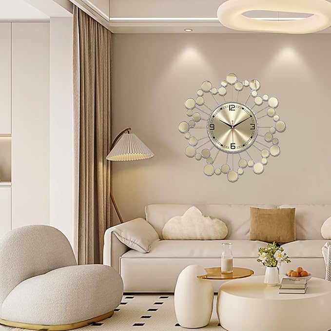 Silver 23" Wall Clock Decor Silent Battery Operated, Modern Metal Decorative Clock for Living Room Bedroom Office