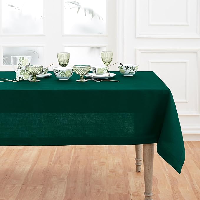 Solino Home Linen Tablecloth 52 x 52 Inch - 100% Pure Linen Rainforest Green Square Tablecloth - Fete, Machine Washable Table Throw for Fall, Autumn, Thanksgiving, Winter