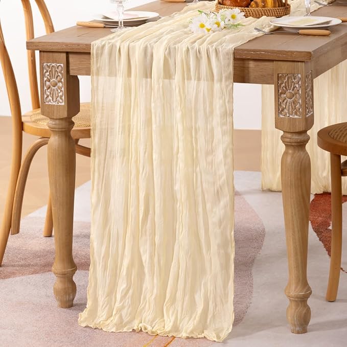 MLMC Beige Cream Cheesecloth Table Runner Extra Long 13.3ft Rustic Boho Cheese Cloth Table Runner Winter Decor 35 x 160 inches for Events Home Decor