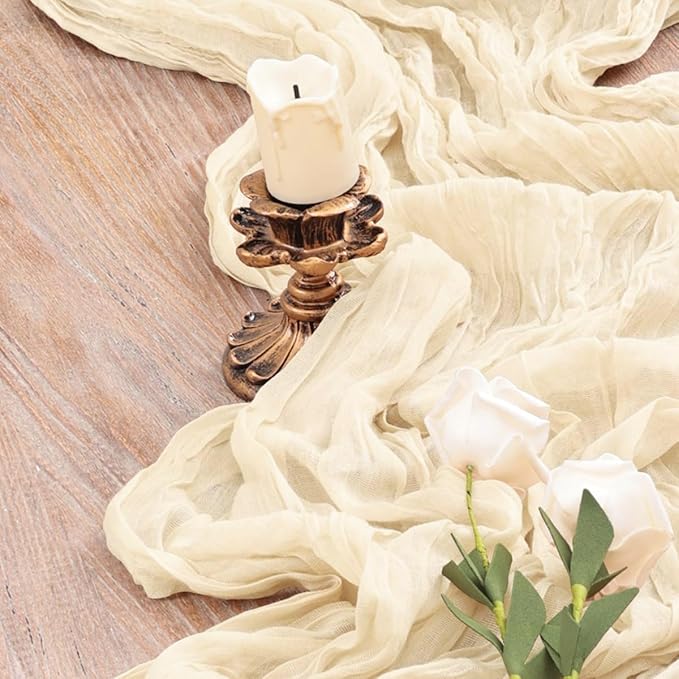 12 Pack Beige Cheesecloth Table Runners 35 x 120 Inch – Rustic Boho Gauze Table Runner for Wedding Arch, Party Decoration, Bridal Shower, Reception, Farmhouse Dining Decor