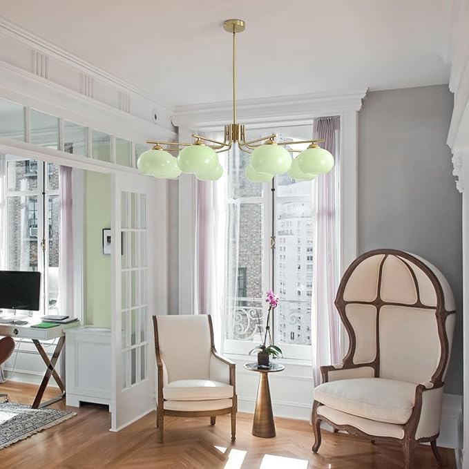 KCO Lighting 8 Lights Green Glass Chandelier Mid Century Modern Globe Chandelier Brass Gold Sputnik Chandelier Light Fixture Green Sputnik Ceiling Light for Dining Room Living Room