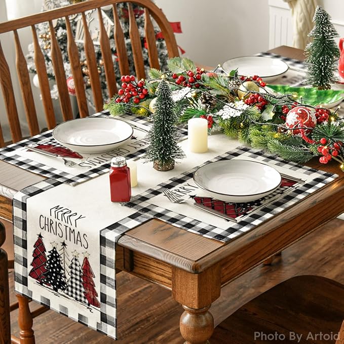 Artoid Mode Waterclor Buffalo Plaid Christmas Trees Placemats Set of 2, 12x18 Inch Winter Table Mats for Outdoor Home Party Kitchen Dining Decor