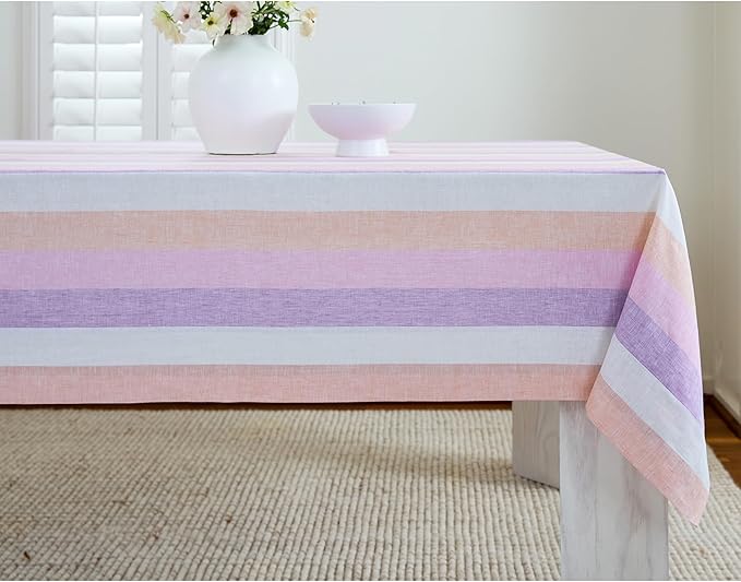 Solino Home Linen Striped Tablecloth 60 x 132 Inch - 100% Pure Linen Multicolor Gelato Stripe Table Cloth for Rectangle Tables - Machine Washable Tablecloth