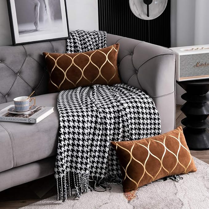 Gold Velvet Throw Pillow Covers: 2 Pack 12x20 Inch Rectangular Decorative Pillow Cases for Bedroom Sofa Couch Living Room, Light Brown