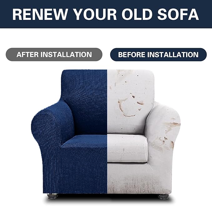 Cupuamon 2025 New Stretch Chair Sofa Slipcovers Couch Cover for 1 Seater Furniture Protector Sofa Covers with Elastic Bottom Jacquard Fabric Small Checks for Pets, Kids - Classic Blue