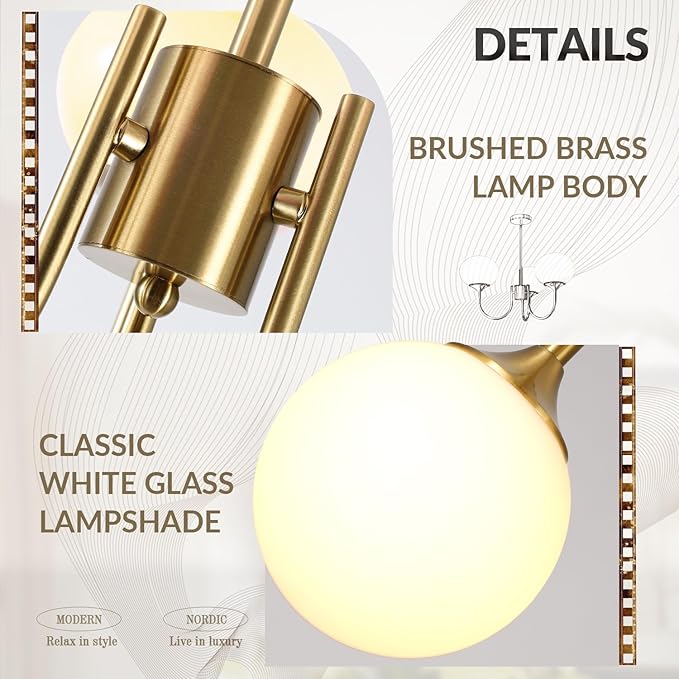 BOKT Mid Century Modern Globe Sputnik Chandelier Vintage 3 Light Milk Glass Pendant Light Large White and Gold Ball Chandelier Light Brushed Brass Sputnik Hanging Light Fixture for Bedroom
