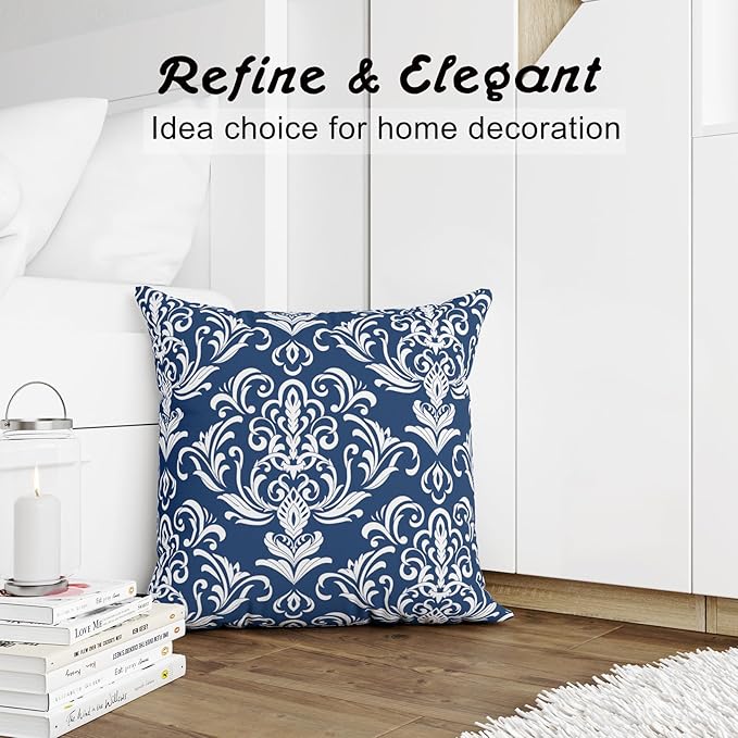 LOVOUS Navy Blue and White Damask Throw Pillow Covers 18x18 Inch Set of 2, Vintage Linen Decorative Pillow Covers for Bed Couch Sofa Bedroom Living Room Home Decor, B12