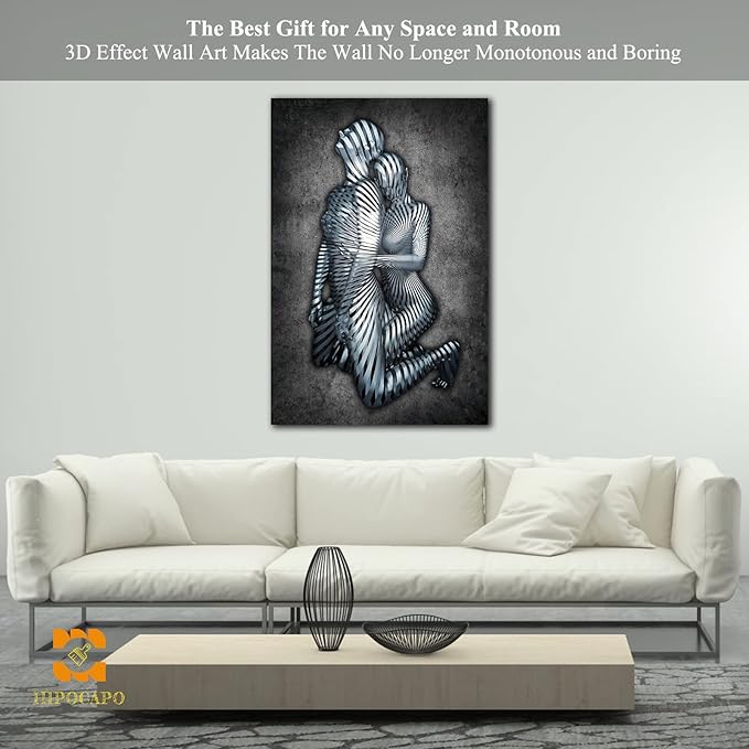 3D Metal Effect Wall Art - 3D Metal Art Wall, Modern Abstract Hug Lovers Painting Picture Poster Prints for Bathroom, Romantic Couple Living Room Canvas Wall Art Framed 28”x40”x1Pcs