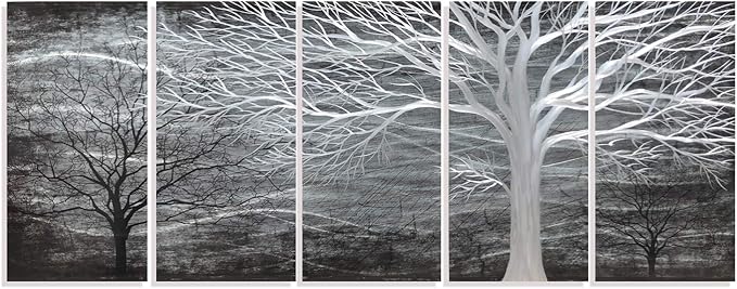 RICHSPACE ARTS Black Metal Wall Art Tree Decor Large Hanging Sculpture 3d Forest Artwork with Metal Texture for Living Room Set of 5 panels(32W*64L)