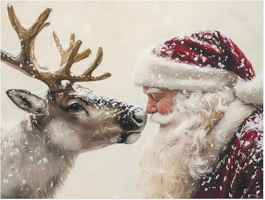 Retro Santa Wall Art Prints,Vintage Santa Reindeer Poster,Rustic Christmas Print,SantaClaus Painting,Winter Holiday Cottagecore Decor