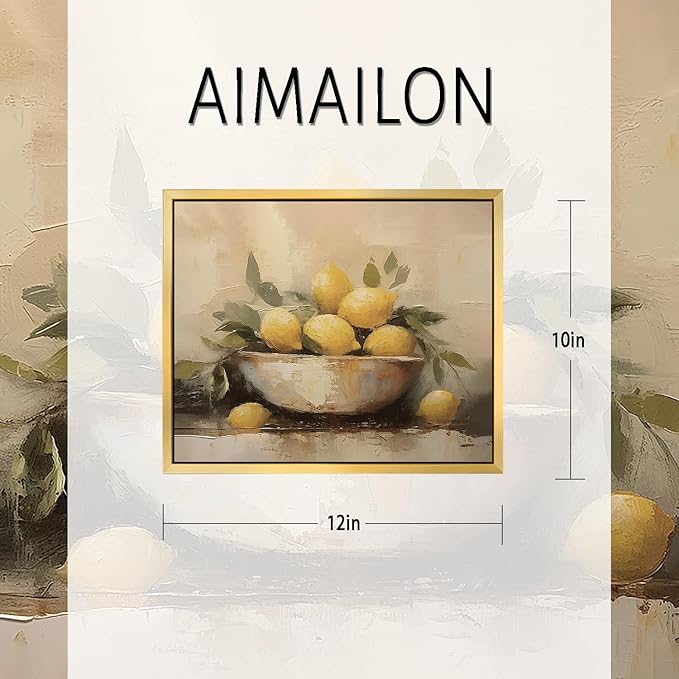AIMAILON Vintage Gold Canvas Wall Art Framed Decor Classical Print Home Decoration for Kitchen Living Room Expressive Brushstrokes Yellow Lemon Lemon with Leaves Still Life Picture 10x12